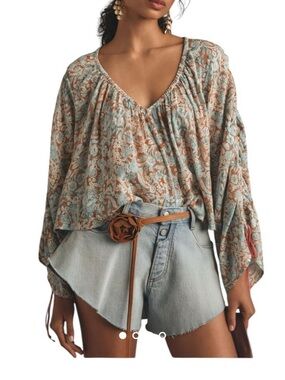 Anthropologie Paisley V-Neck Peasant Blouse - Rust & Blue